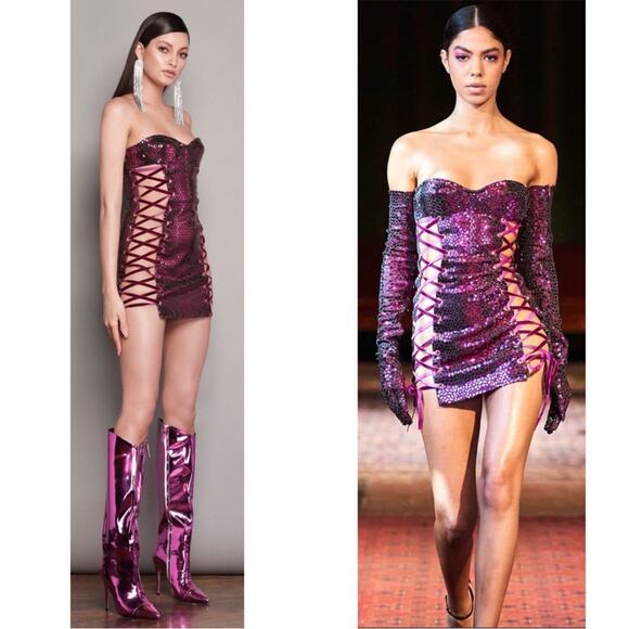 Bronx and Banco Juliette Lace Up Mini Dress & Gloves in Pink & Purple Size L - Picture 5 of 16